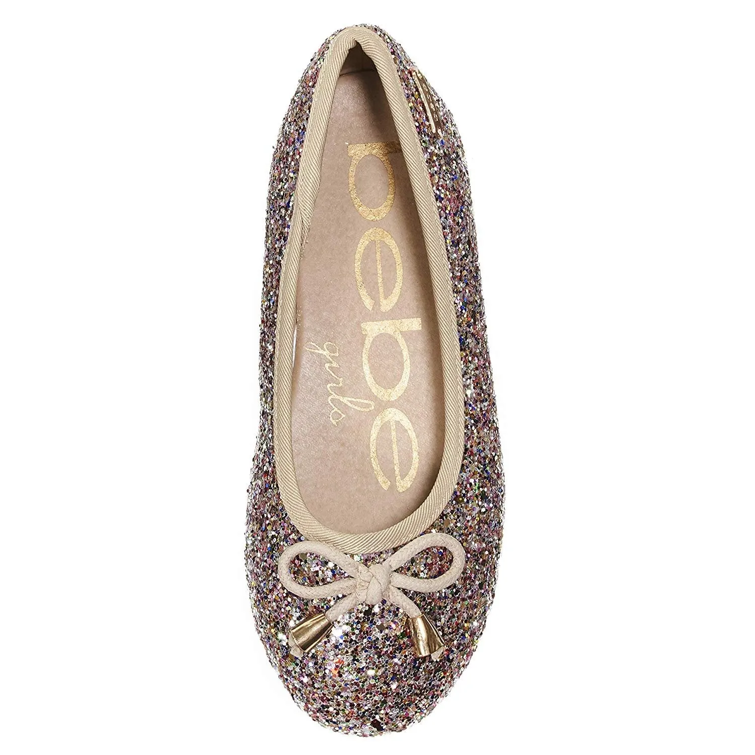 bebe Girls Flats Round Toe Chunky Glitter with Bow and Metallic Logo Hardware Slip-On Shoes Flexible PU Leather