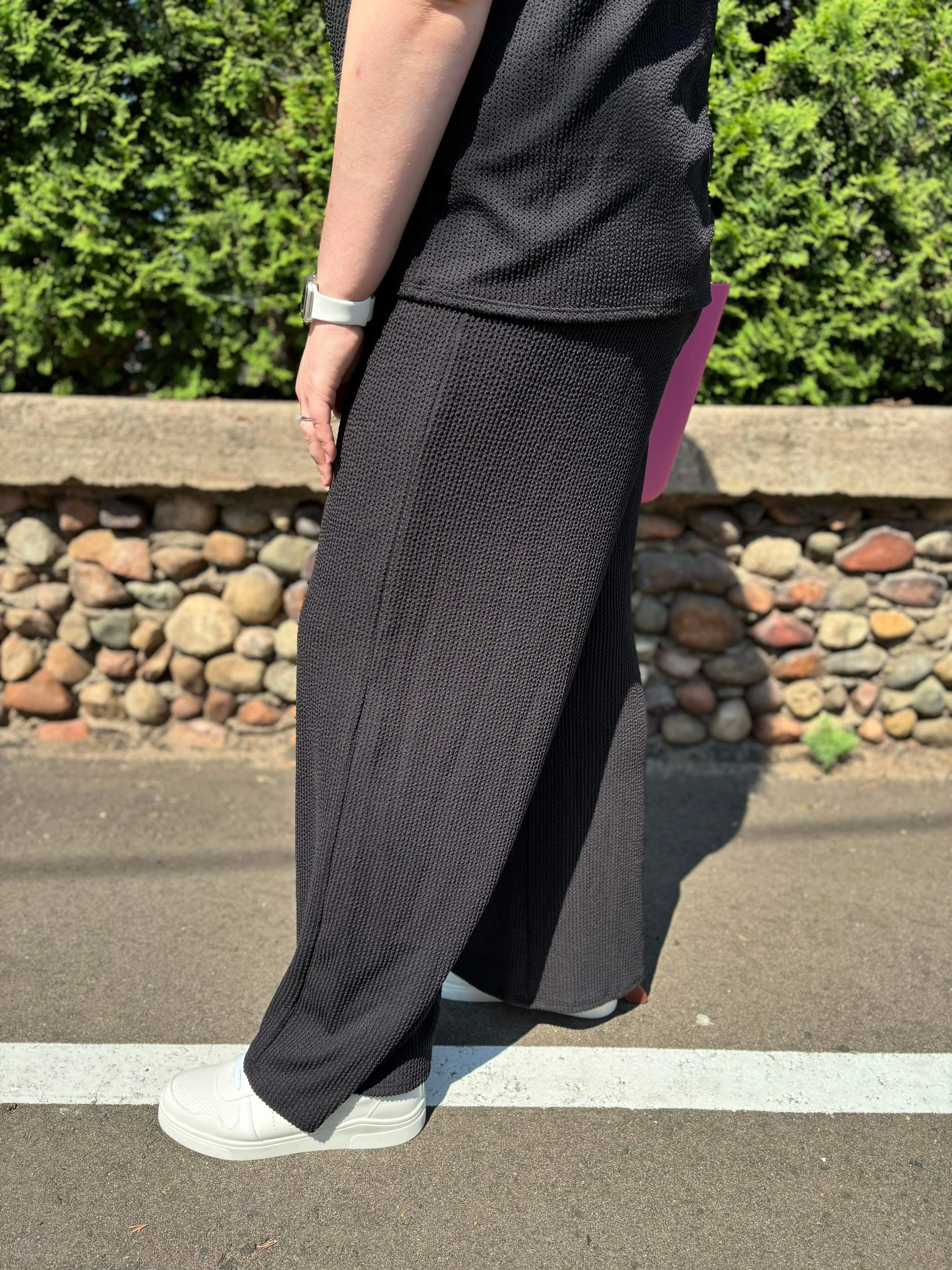 Elastic Waist Ribbed Wide Leg Pants