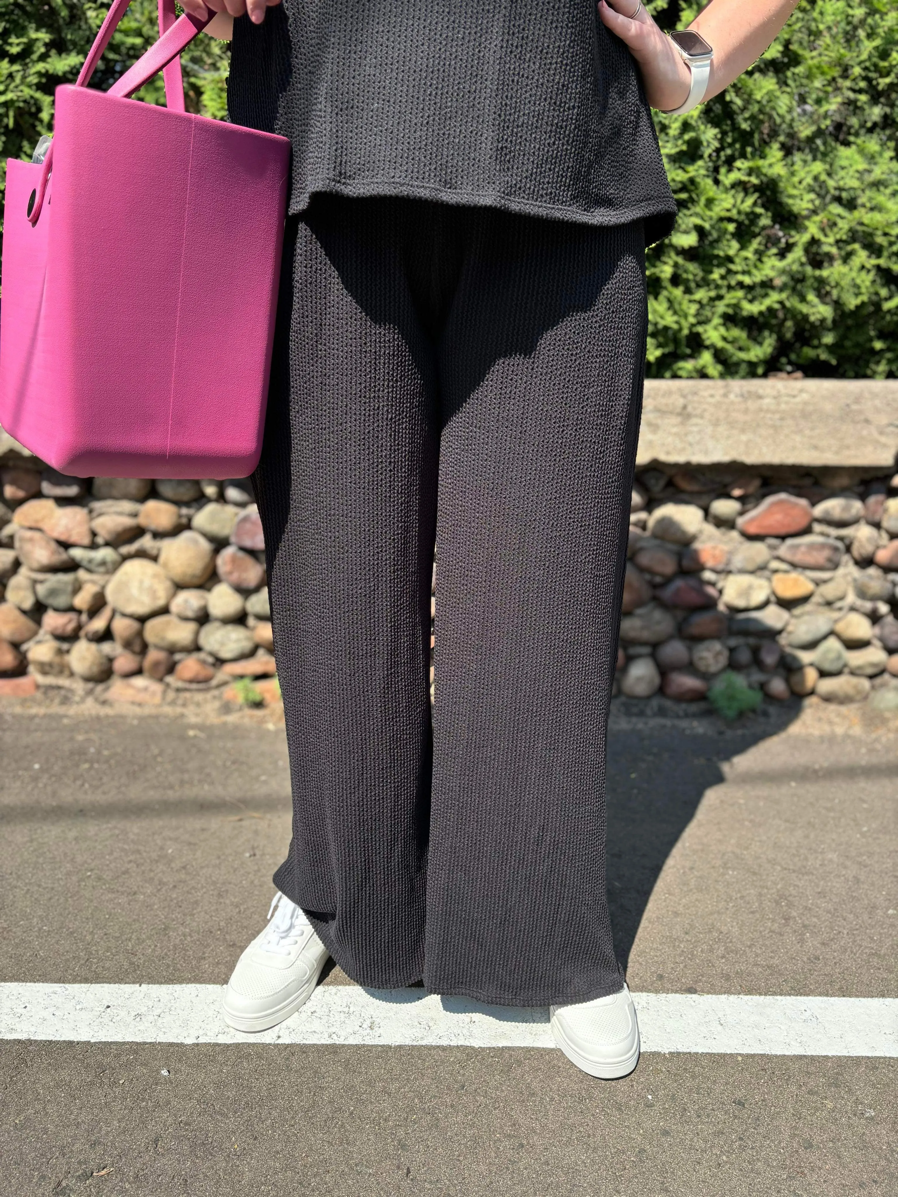 Elastic Waist Ribbed Wide Leg Pants