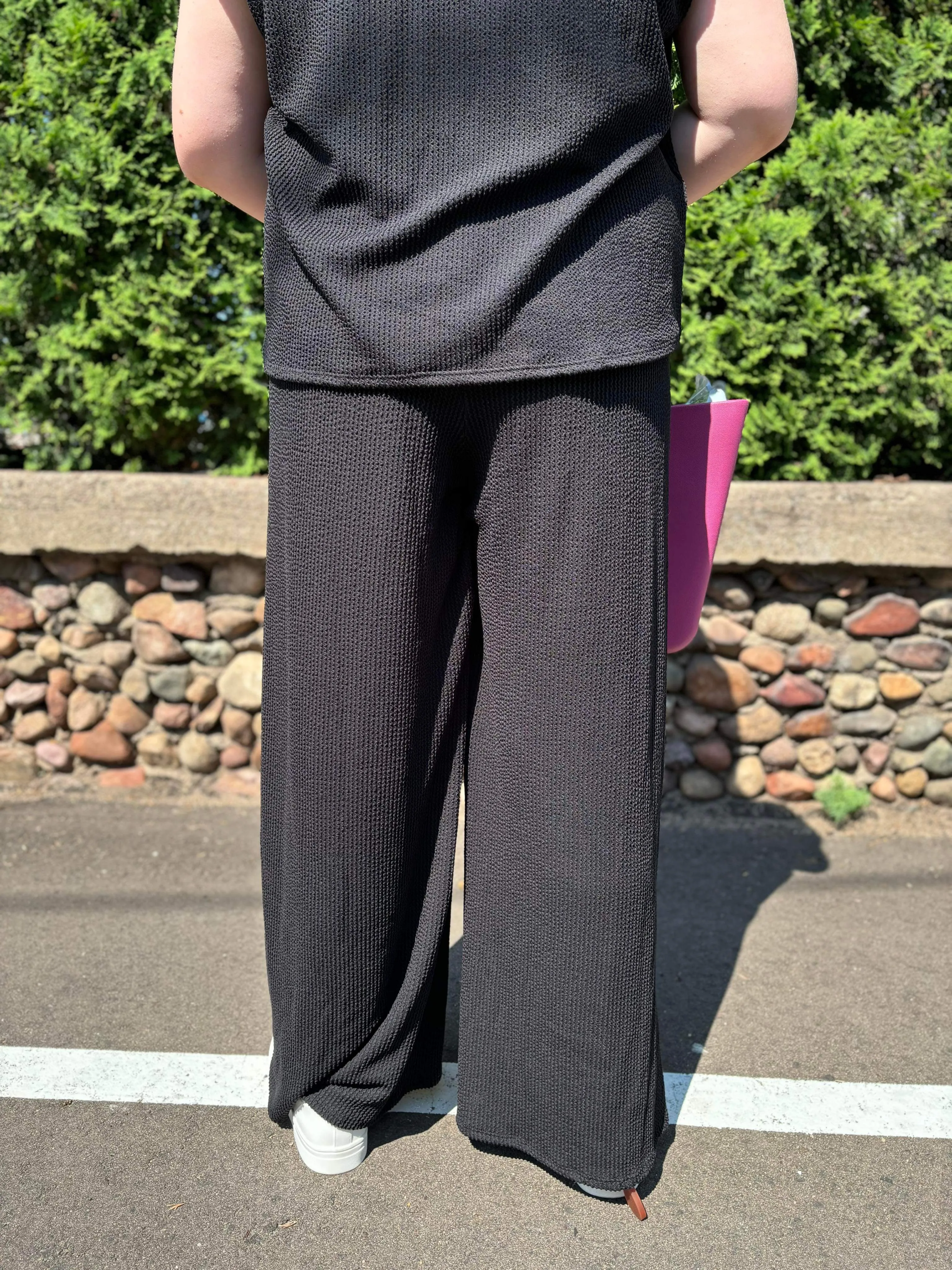 Elastic Waist Ribbed Wide Leg Pants