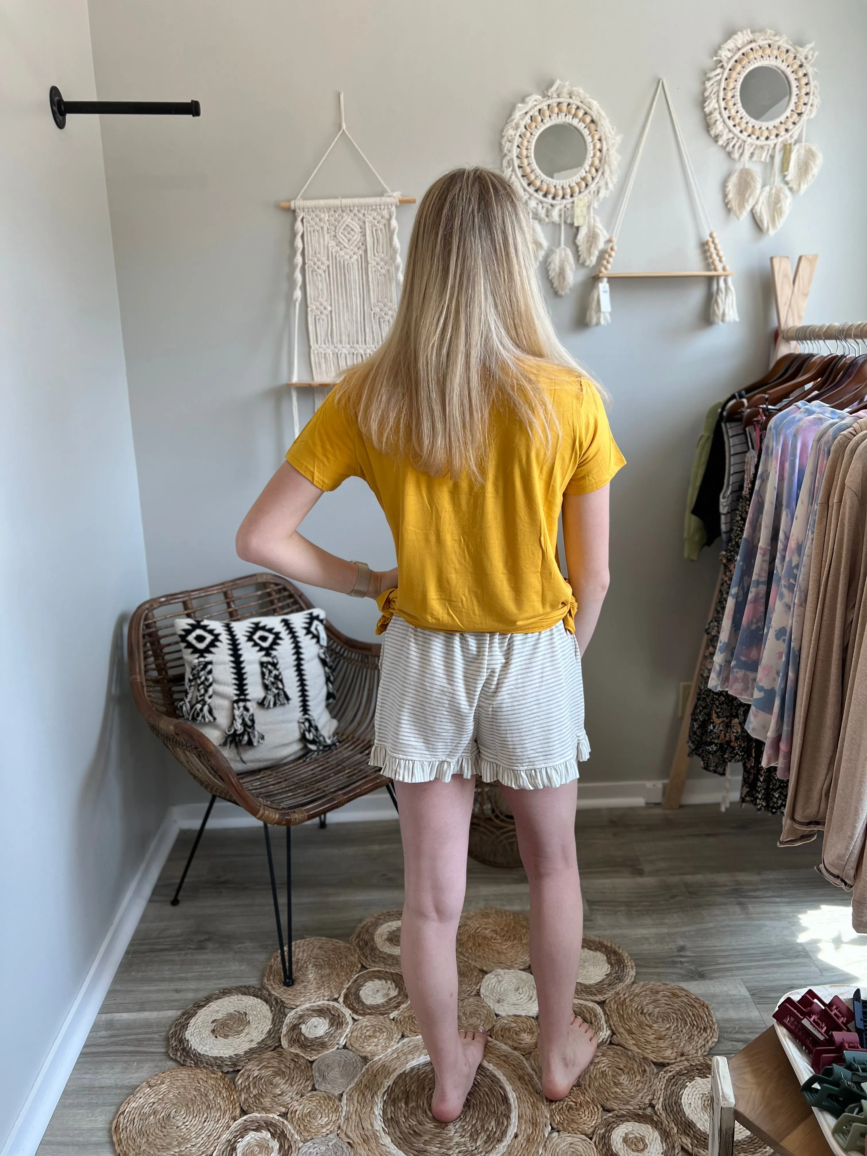 Gray stripe ruffle shorts
