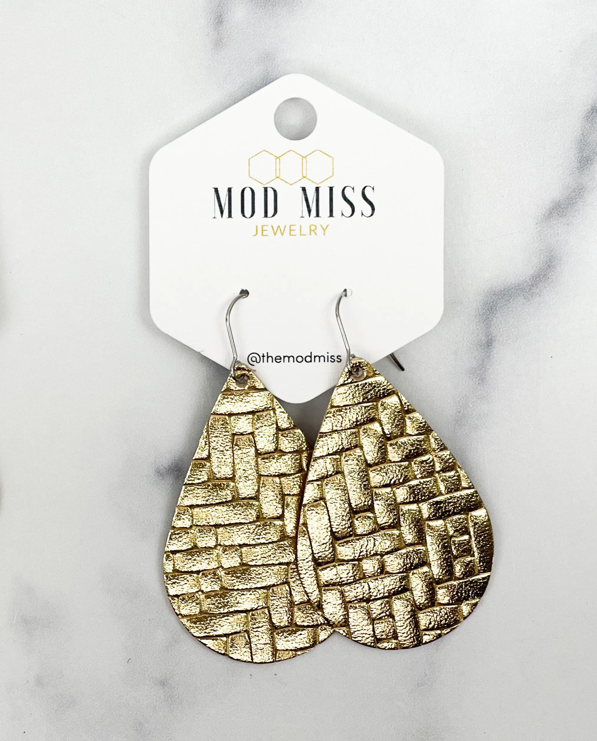 Leather Teardrop Earring Basket Weave Gold