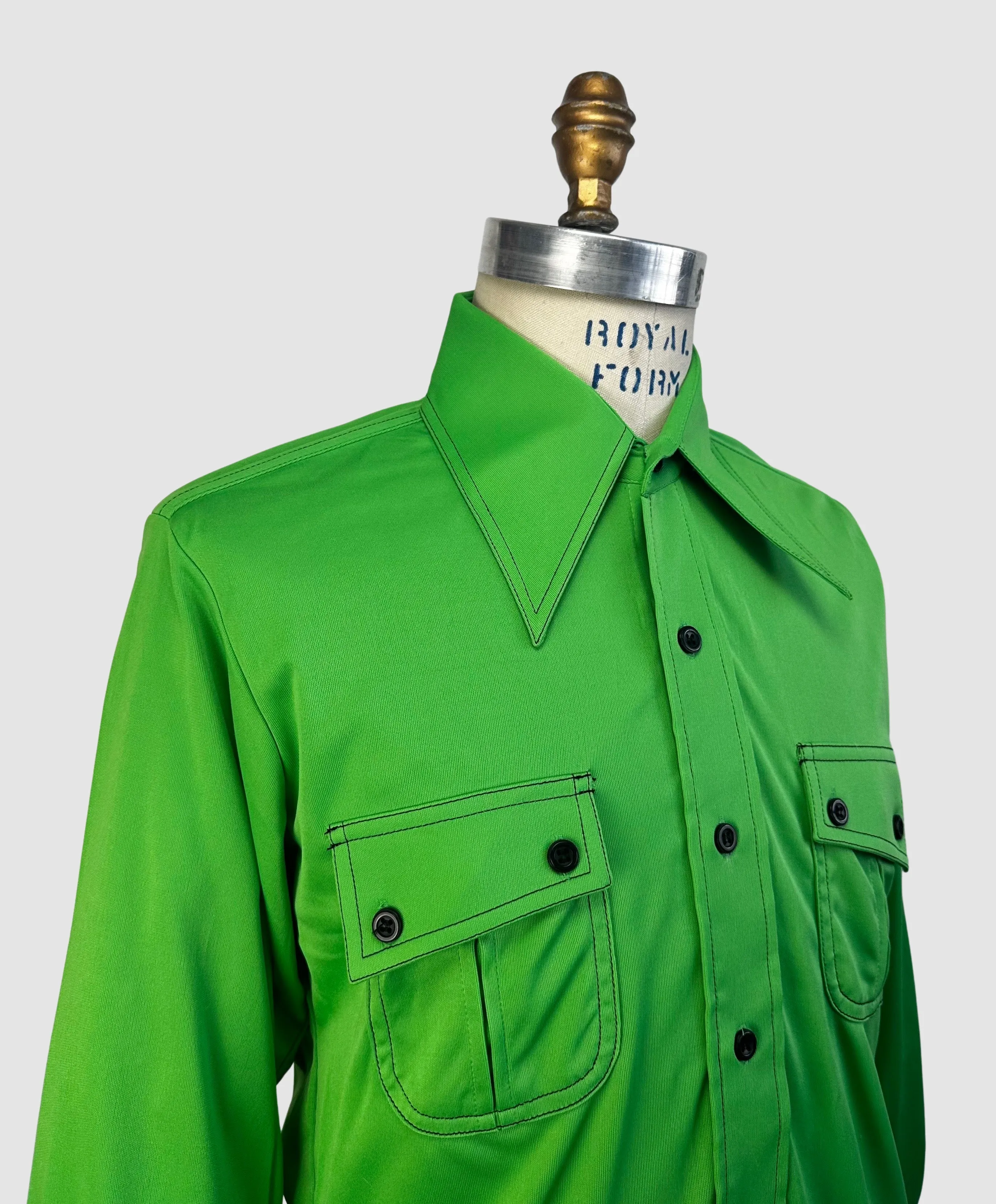 MARTINI 70s Deadstock Green Polyester Disco Shirt  Medium