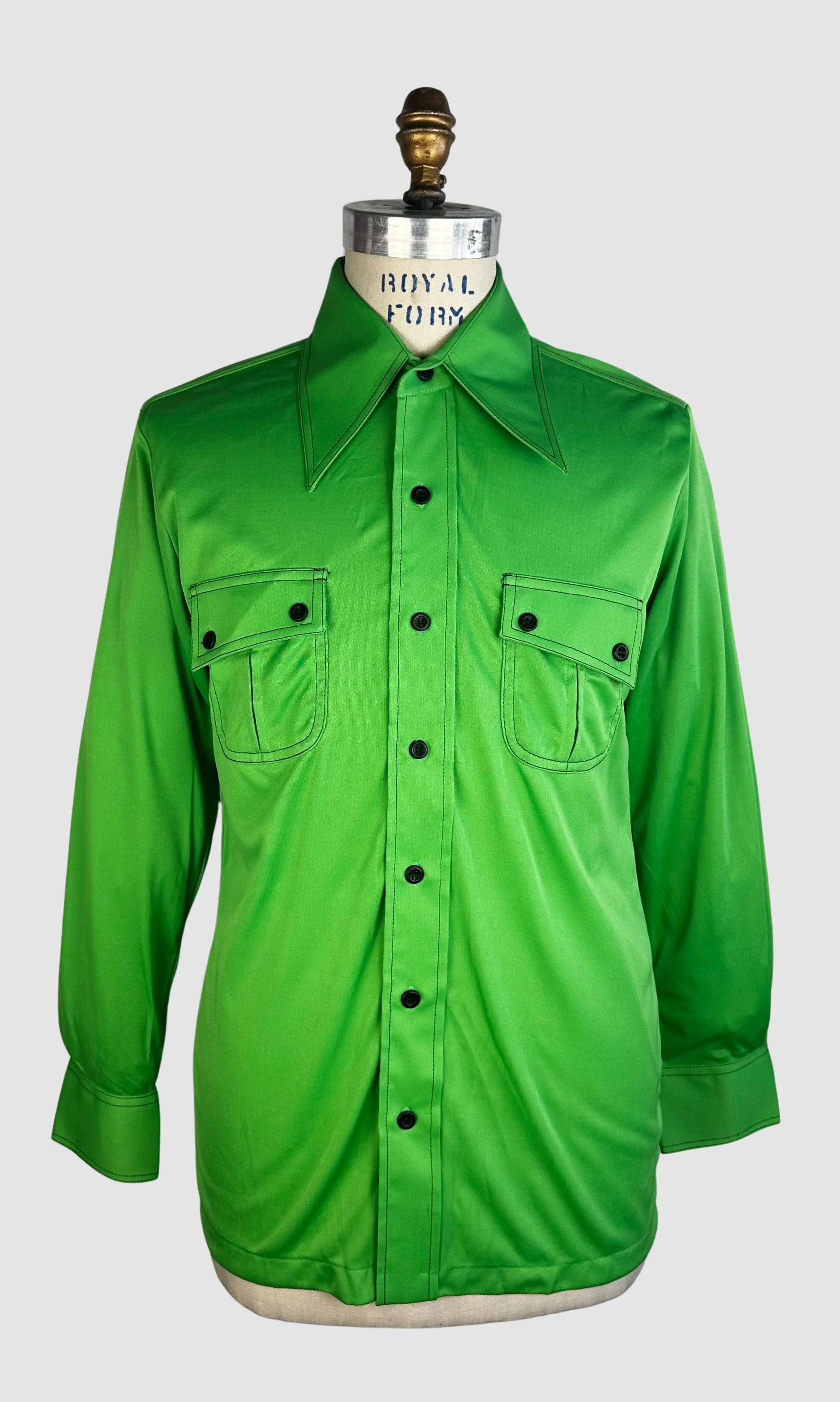 MARTINI 70s Deadstock Green Polyester Disco Shirt  Medium