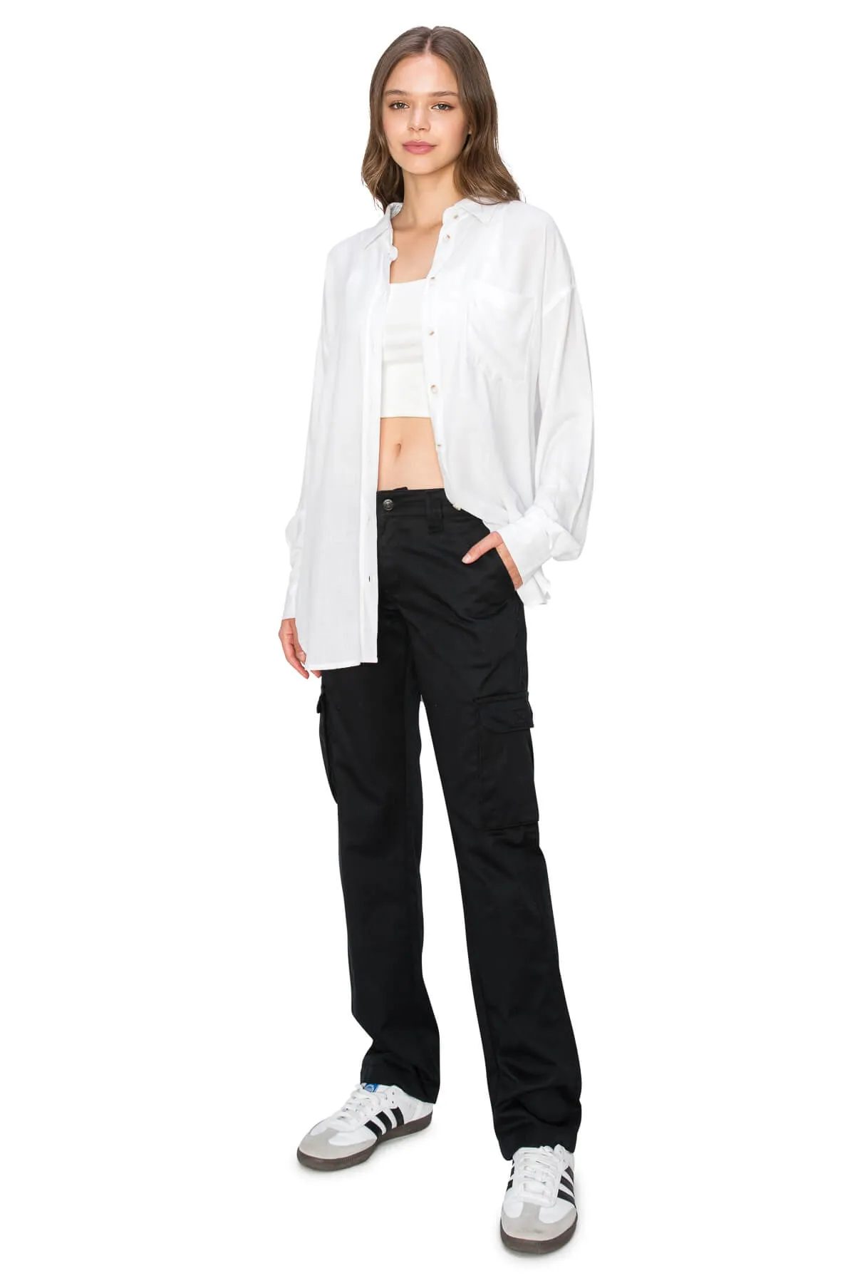 Mid Rise Relaxed Fit Cargo Work Pants - Black