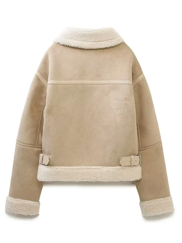 Women's Aviator Jacket in Faux Lamb Wool & Suede Leather