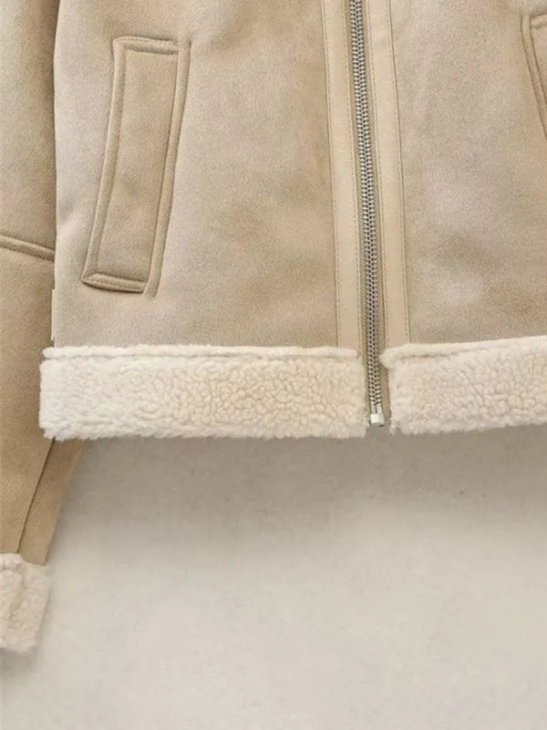 Women's Aviator Jacket in Faux Lamb Wool & Suede Leather
