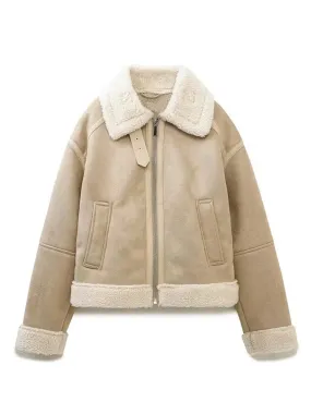 Women's Aviator Jacket in Faux Lamb Wool & Suede Leather