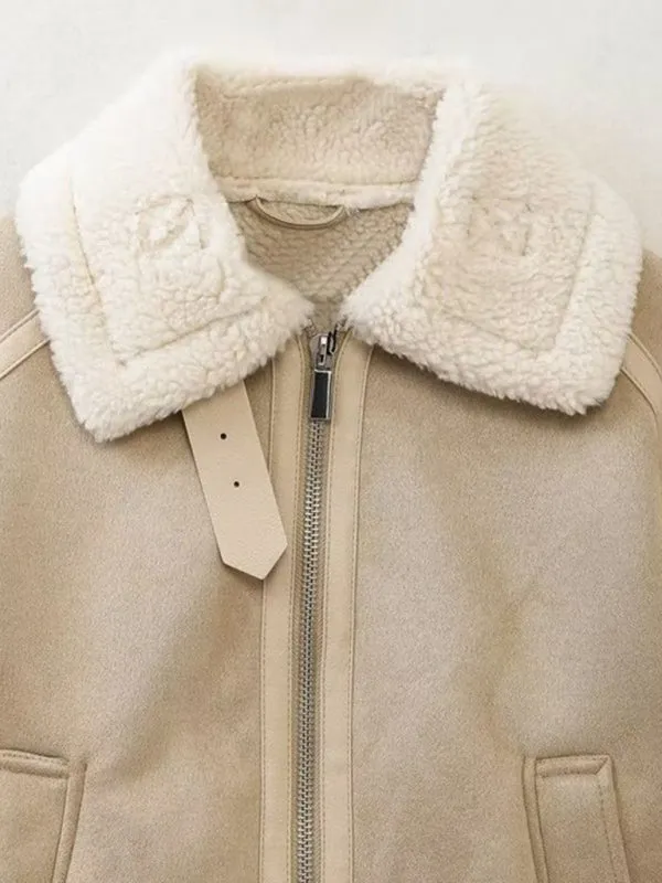Women's Aviator Jacket in Faux Lamb Wool & Suede Leather