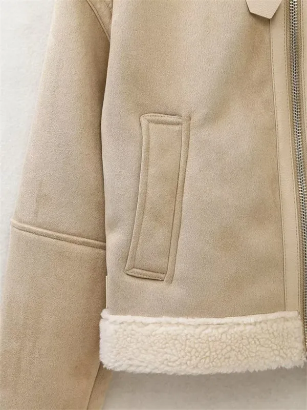 Women's Aviator Jacket in Faux Lamb Wool & Suede Leather